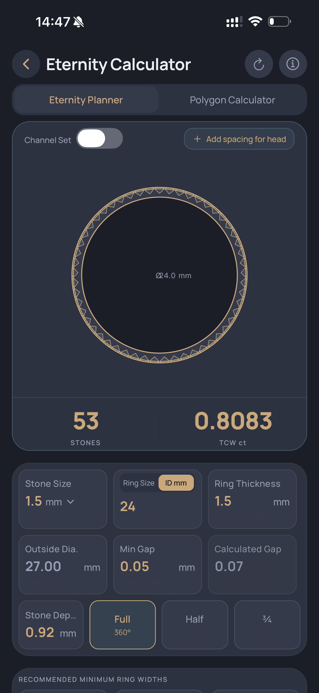 Carit eternity ring calculator - stone spacing layout for a bench jeweller