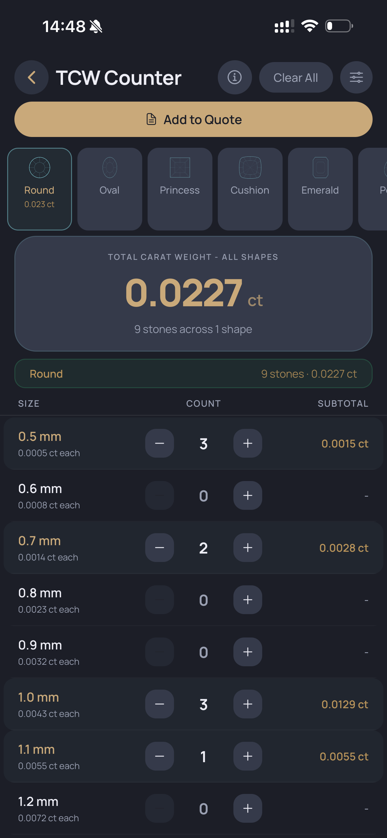 Carit total carat weight counter - count stones by shape and size